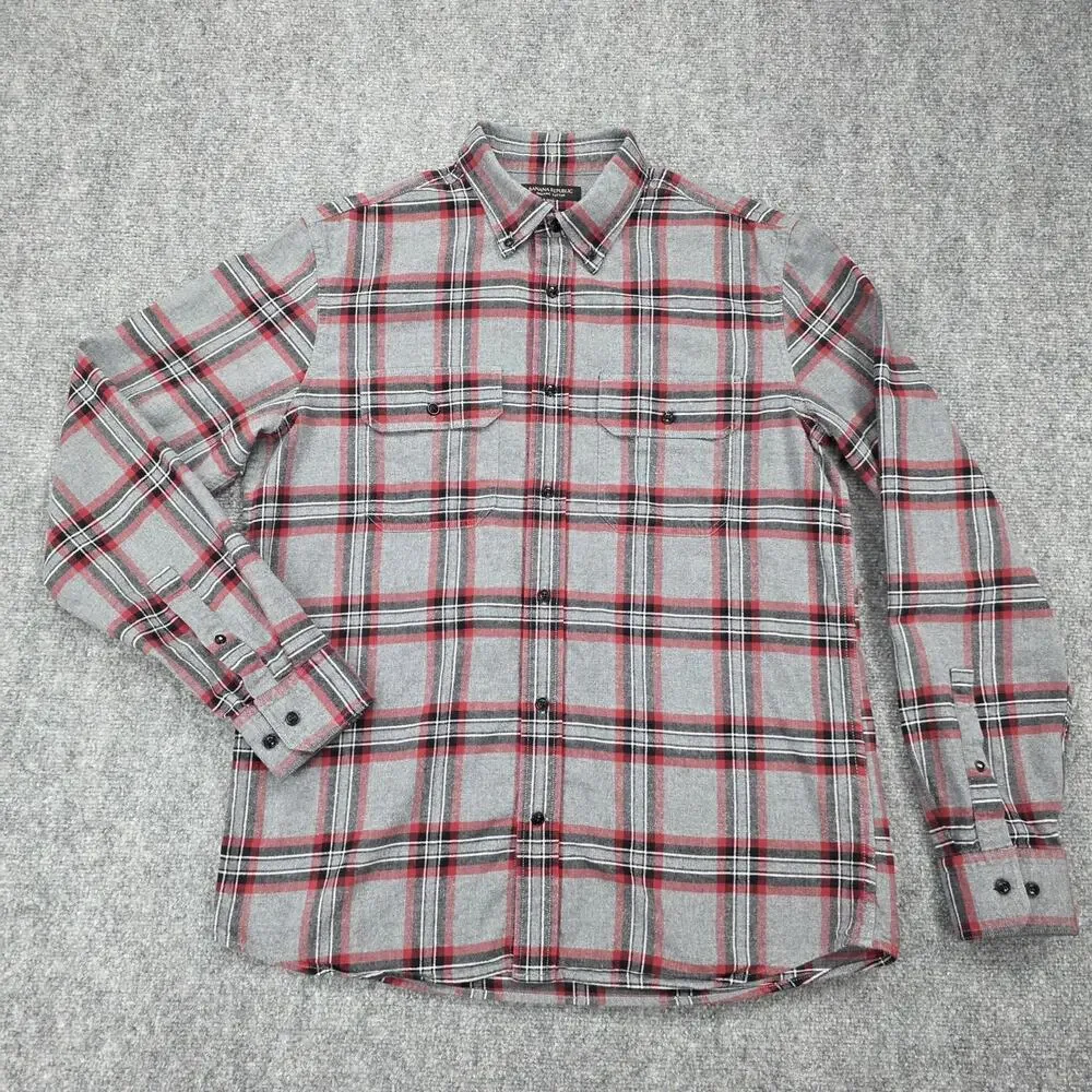 Banana Republic Shirt Mens Tall Medium Gray Plaid Flannel Untucked Standard Fit